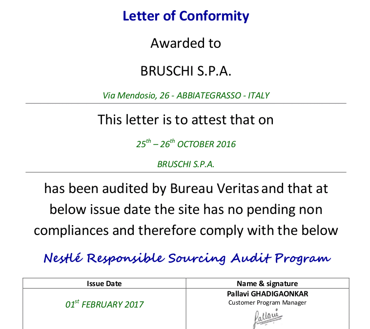 Bruschi achieves SMETA 4-Pillars certification
