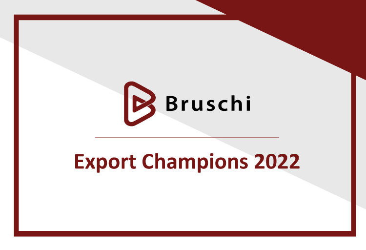 Bruschi's award-winning logo, celebrating their recognition as Export Champions 2022. Specialists in zinc (zamak) and aluminum die-casting components.